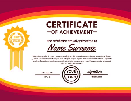 Red certificate of appreciation template.Diploma vector template.Gold border.Laurel wreath icon.