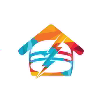 Flash burger vector logo design. Burger with thunderstorm and home icon logo.