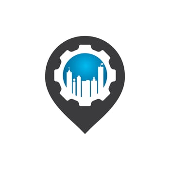 Gear building with pin pointer vector logo design. Building maintenance logo design template.