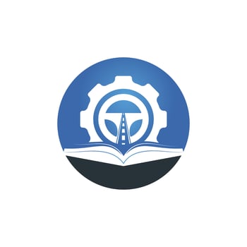 Driving school logo design. Steering wheel with Cog and book icon. vector