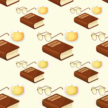 Seamless pattern with glasses, book and candlestick on light background. Book day, book time vector