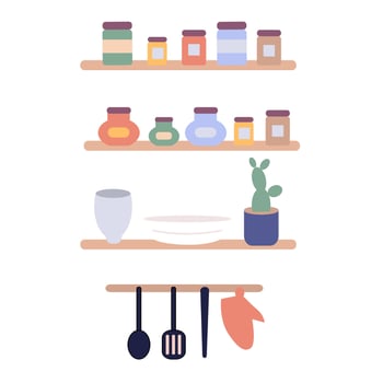 set of kitchen utensils on a shelf. vector