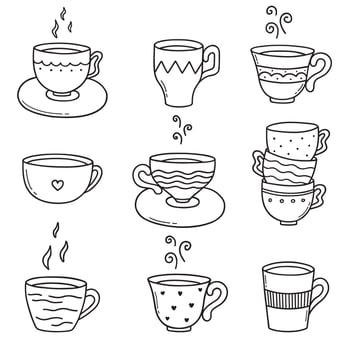 Hand drawn set of coffee cups or tea cups doodle. Tea time in sketch style. Vector illustration