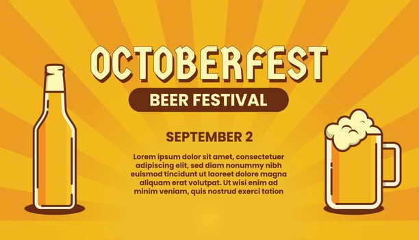 Oktoberfest banner or poster with beer mug and bottle. German festival.October fest square background for flyer, advertising card, social media post. Vector illustration.