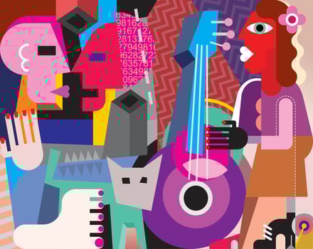 The dancing couple and woman playing guitar vector