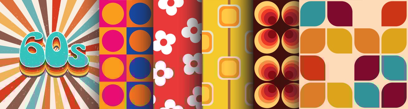 60's Collection of seamless patterns for wallpapers, graphic projects, textiles and apparel. Retro set of vintage designs. vector