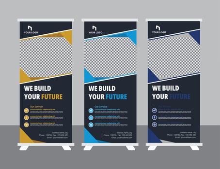 Roll up banner design template, modern x-banner vector