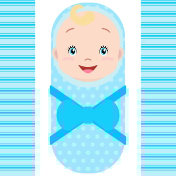 Smiling caucasian baby boy isolated on white background. Vector cartoon mascot. Holiday illustration to Birthday, Baby Shower.