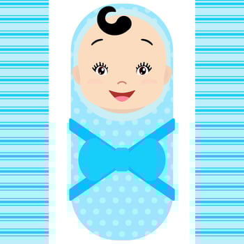 Smiling asian baby boy isolated on white background. Vector cartoon mascot. Holiday illustration to Birthday, Baby Shower.