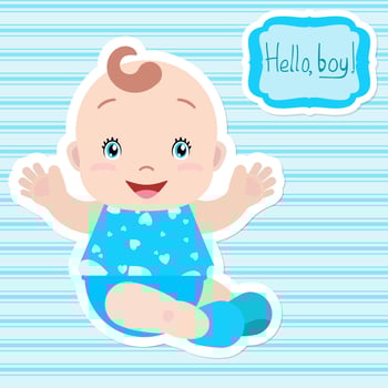 Baby boy sitting, holding out hands, smiling. A frame with an inscription. Card, invitation, baby shower. vector