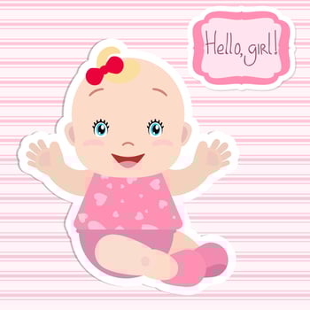 Baby girl sitting, holding out hands, smiling. A frame with an inscription. Card, invitation, baby shower. vector