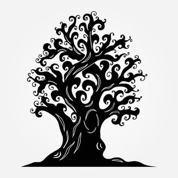 Old tree with crimped branches, a hollow, knotty roots. Tattoos, doodling style. Element for Halloween design, print on the T-shirt, souvenir products. vector