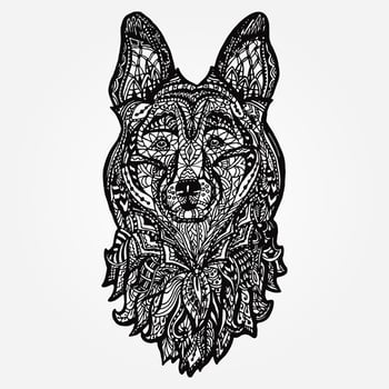 Dog head, face sheepdog. Coloring tattoo design pattern,  doodle line, tribal ethnic style, animal graphic symbol 2018, isolated vector illustration.