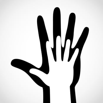 Black color big hand and white small hand vector concept. Help symbol hands vector support emblem. Vector hands icon illustration. Education, health care, medical, design element.