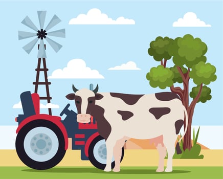 cow with tractor farm vector