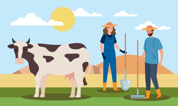cow with farmers couple vector