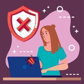 woman using laptop with shield vector