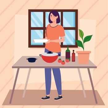 woman cooking with pot vector