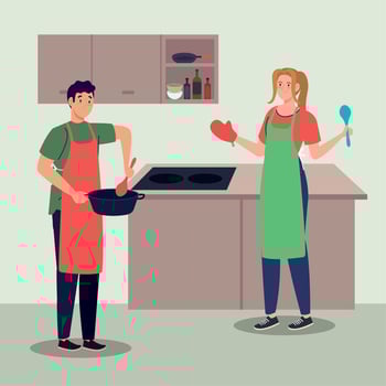 couple cooking with pot vector