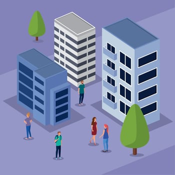 buildings and pines isometric vector