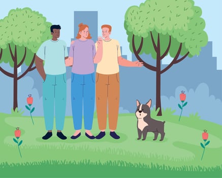 three friends and dog vector