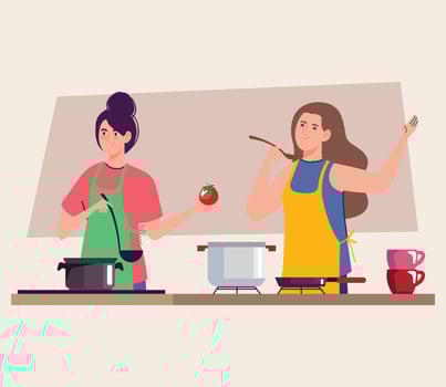 two girls cooking in kitchen vector