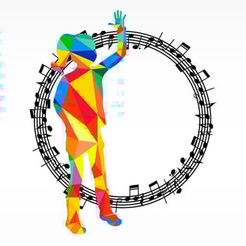 Poligon silhouette dancing human and melody circle, vector music battle party background.