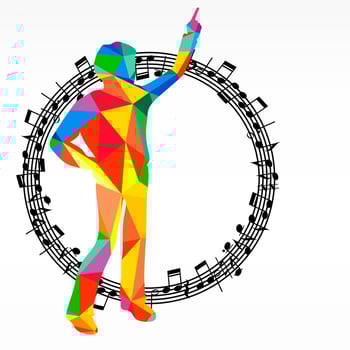 Poligon silhouette dancing human and melody circle, vector music battle party background.