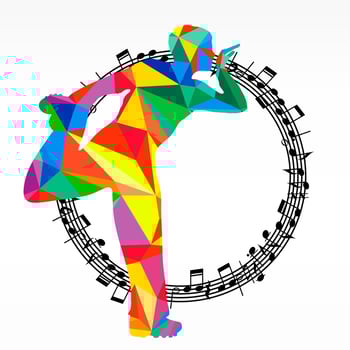 Poligon silhouette dancing human and melody circle, vector music battle party background.