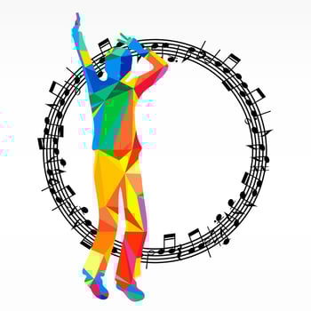 Poligon silhouette dancing human and melody circle, vector music battle party background.