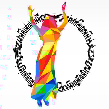 Poligon silhouette dancing human and melody circle, vector music battle party background.