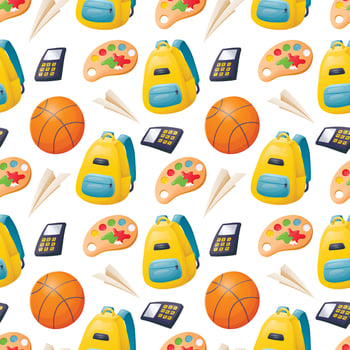 Vector seamless cartoon pattern with childrens school supplies, a backpack and a basketball.