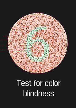 Ishihara test for color blindness. Color blind test. Green number 6 for colorblind people. Vision deficiency. Vector illustration.