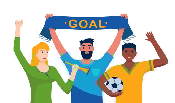 Soccer fans with a scarf, vuvuzela and ball isolated on white background. Crowd of football supporters with hands up. Concept of sport, human emotions, entertainment. Vector illustration in flat style