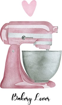 Watercolor bakery logo with pink mixer. Illustration for home bakery vector