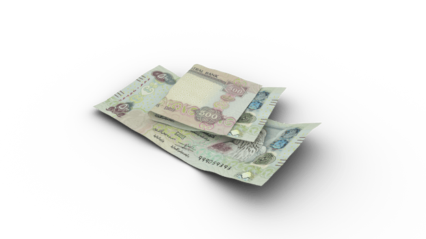 3D rendering of Double 1000 United Arab Emirates dirham notes isolated on transparent background. Emirati Dirham png