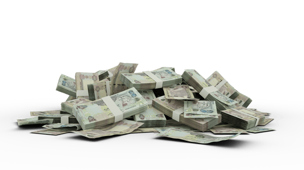 3D rendering of stacks of United Arab Emirates dirham notes isolated of transparent background. Emirati Dirham png