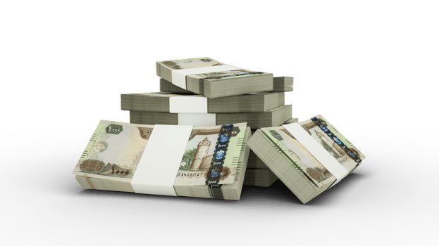 3d rendering of Stack of 5000 Pakistani rupee notes. bundles of Pakistani currency notes isolated on transparent background png
