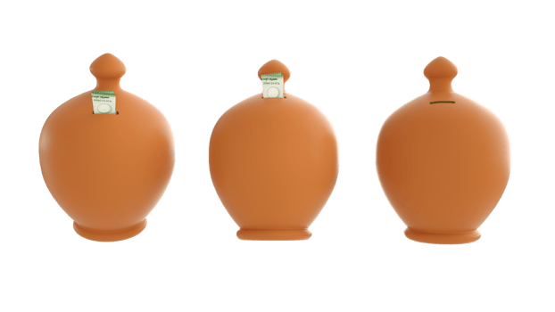 Set of brown clayey savings pot isolated on transparent background. 3d rendering of UAE dirham note going inside savings container png