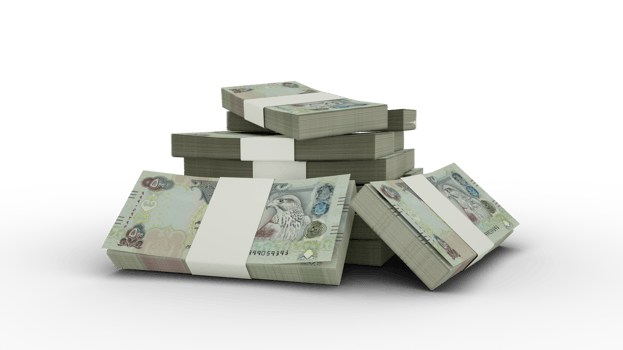 3d rendering of Stack of 5000 Pakistani rupee notes. bundles of Pakistani currency notes isolated on transparent background png