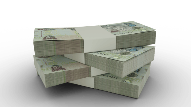 3d rendering of Stack of 1000 United Arab Emirates dirham notes. Few bundles of United Arab Emirates currency isolated on transparent background. Emirati png