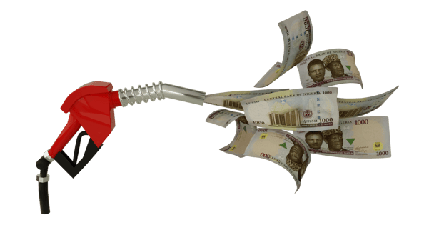 3d rendering of Nigerian naira notes coming out from fuel pump. red fuel nozzle with naira flying around png