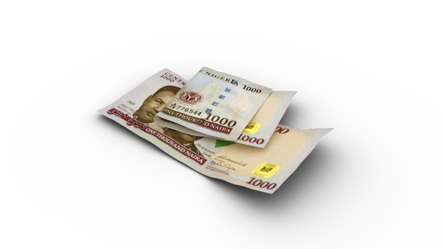 3D rendering of Double 1000 Nigerian naira notes isolated on transparent background png