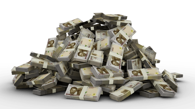 Big pile of 1000 Nigerian naira notes a lot of money over transparent background. 3d rendering of bundles of cash png