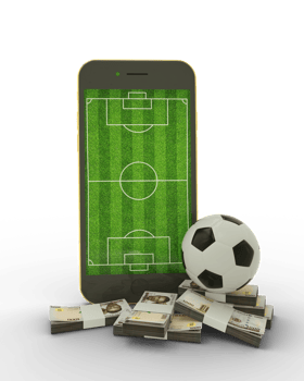 3D rendering of a mobile phone with soccer field on screen, soccer ball and stacks of Nigerian naira notes isolated on transparent background. png
