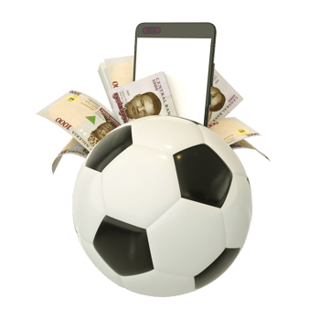 3d rendering of Nigerian naira notes and phone behind soccer ball. Sports betting, soccer betting concept isolated on transparent background. mockup png