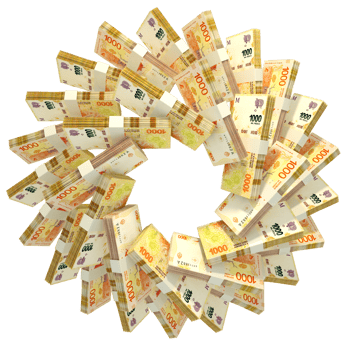 3d rendering of stacks of Argentine peso arranged in a circular pattern. png