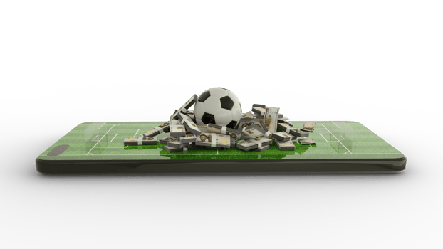 3d rendering of Mobile phone Soccer betting. Football and Nigeria Naira notes on phone screen. Soccer field on smartphone screen. bet and win concept png