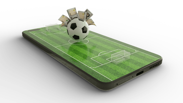 3d rendering of Mobile phone Soccer betting. Football and Nigeria Naira notes on phone screen. Soccer field on smartphone screen isolated on transparent background. bet and win concept png