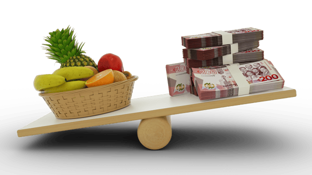 food Inflation, Weighing Ghanaian currency against foodstuffs, high cost of living, 3d rendering png